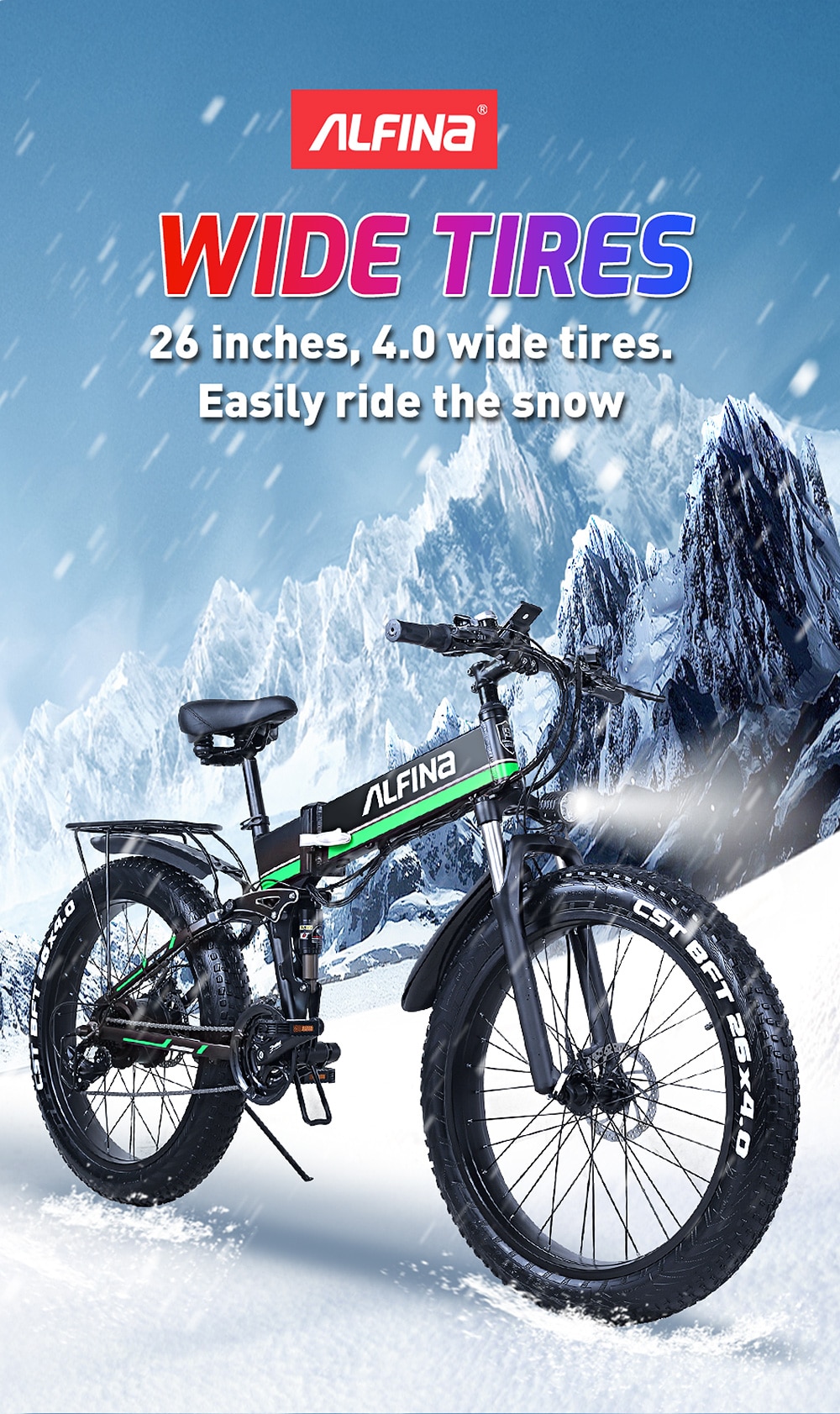 (EU Stock)ALFINA FX-01 1000W 12.8AH Mountain Electric Bike SnowBike MTB 45KM/h 26 Inch Tires Waterproof and Foldable Ebike