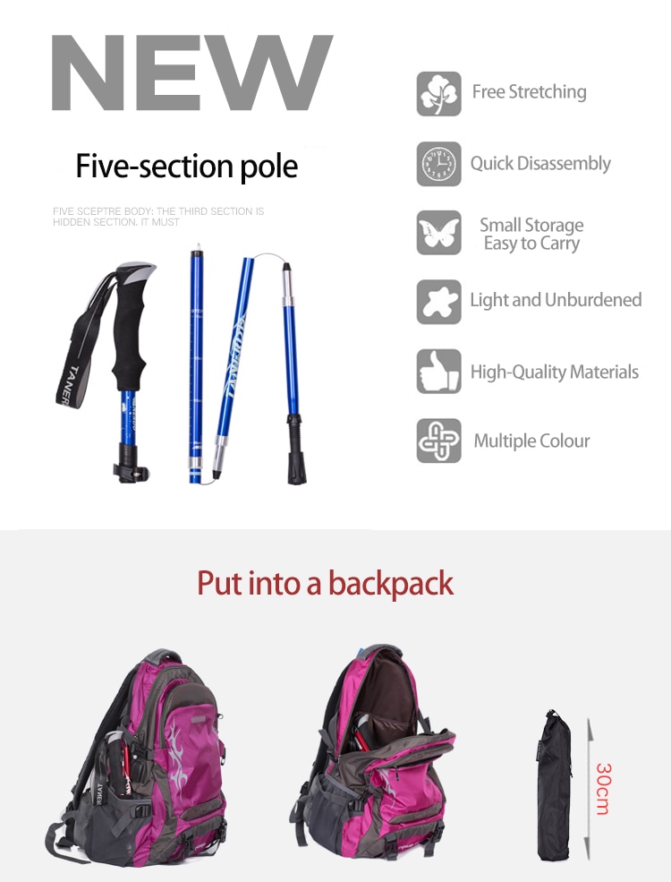 5-Section Outdoor Fold Trekking Poles Camping Portable Walking Hiking Stick For Nordic Elderly Telescopic Club Easy Put Into Bag