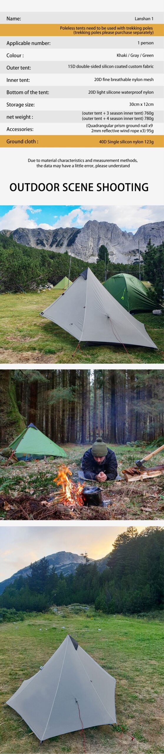 3F-UL-GEAR Lanshan-1 Ultralight Tent Camping 3/4 Season