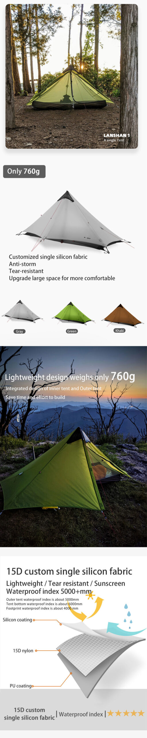 3F-UL-GEAR Lanshan-1 Ultralight Tent Camping 3/4 Season