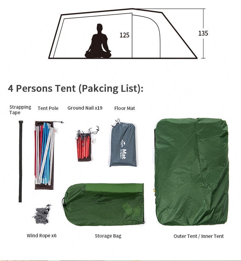 Naturehike Opalus Camping Tent Ultralight Tunnel Tent 3-4 Persons Large Space Fabric Outdoor Cycling Nature Hike Camping Tent