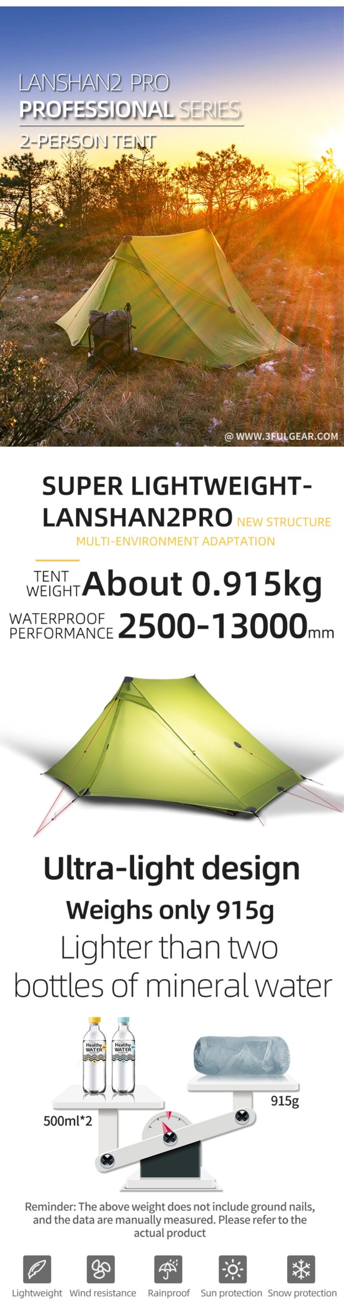 3F UL GEAR Lanshan 2 Pro 2 Person 3-4 Season Outdoor Ultralight Camping Tent Professional 20D Nylon Both Sides Silicon Tent