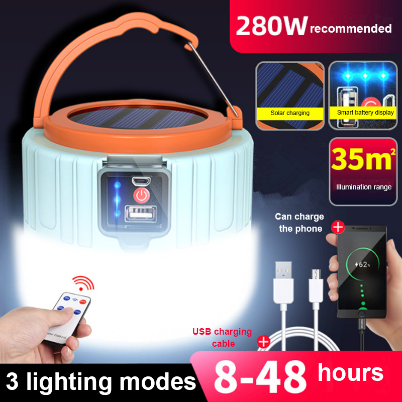 280/190/60W Solar LED Camping Light USB Portable Lanterns Rechargeable Bulb Outdoor Tent Lamp Emergency Lights For BBQ Hiking