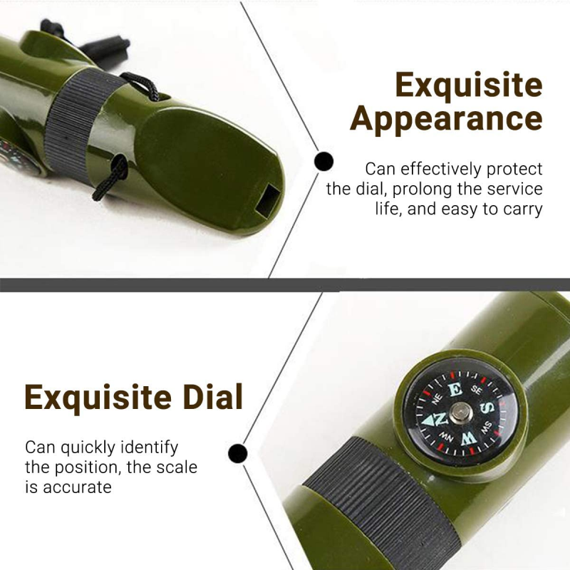 Multi-Functional Whistle Outdoor Camping Hiking Climbing Survival Equipments Portable 7In1 Whistle Compass Led Flashlight