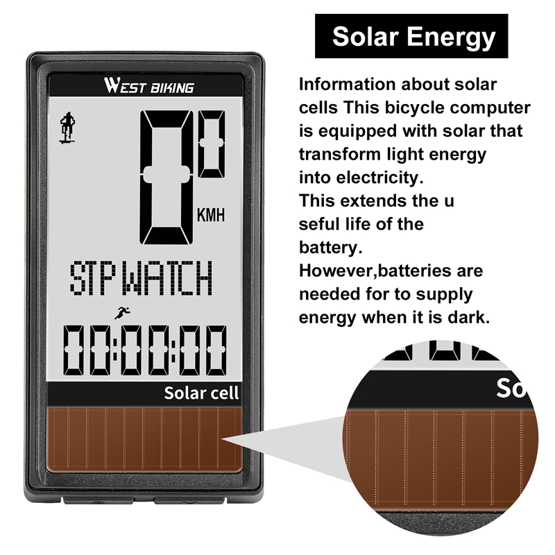 WEST BIKING Solar Powered Bike Computer Wireless Waterproof Bicycle Speedometer Odometer Automatic Wake-up Bicycle Computer